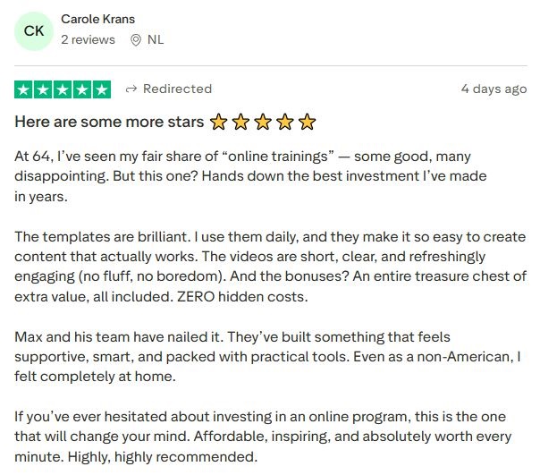 Senior user celebrating Max's training, templates and bonuses