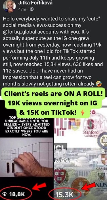 IG reel at almost 19k views overnight; 15.3K Tiktok views (2 months)
