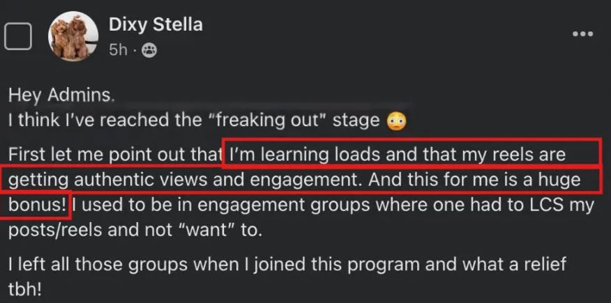 Previously relied on engagement groups, now relieved to see authentic views and engagement from reels.