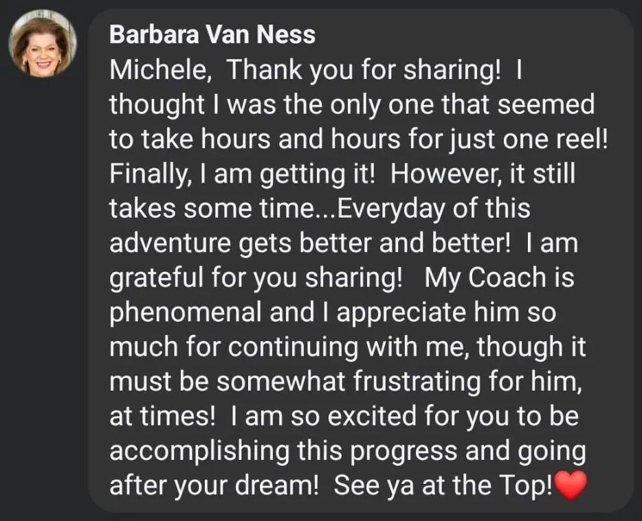 Inspired by another member’s reel progress; grateful for coach support.