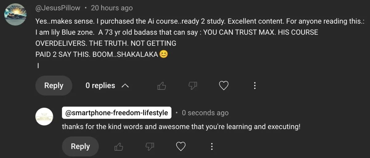 73-year-old client praises the AI course for overdelivering, being truthful, and trustworthy, expressing excitement to study.