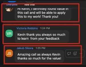 Appreciation for coach’s call and feedback, highlighting valuable insights to apply to their work