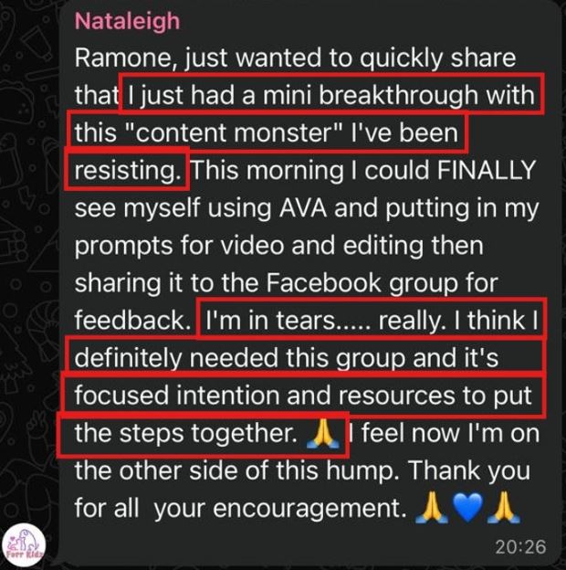 Had a breakthrough overcoming content resistance; feeling supported by the group