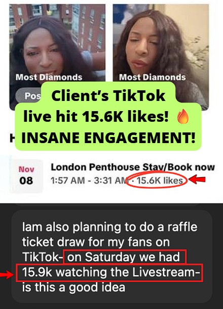 Client’s TikTok livestream hit 15.9K viewers.