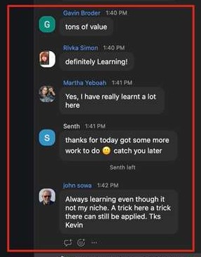 Multiple clients expressing strong value and ongoing learning from the session.