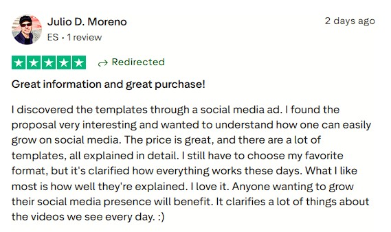 Says the templates are well-explained, valuable, and great for growing on social media.