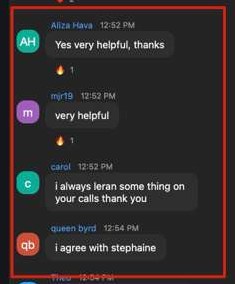 Happy clients sharing positive feedback on weekly live calls. 