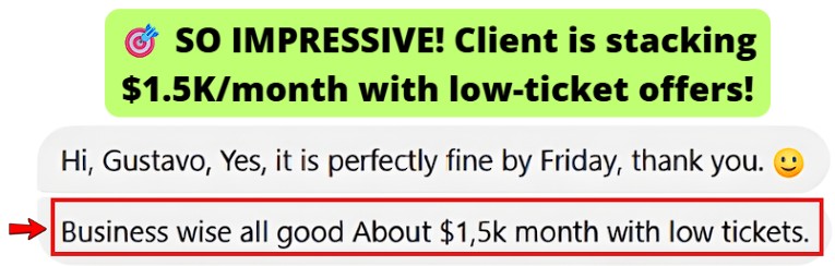 Client reported steady earnings of about $1.5K/month from low-ticket sales.