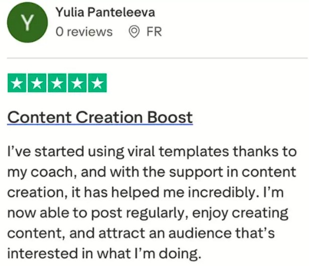 Grateful to her coach and viral templates, she now posts consistently and enjoys content creation.