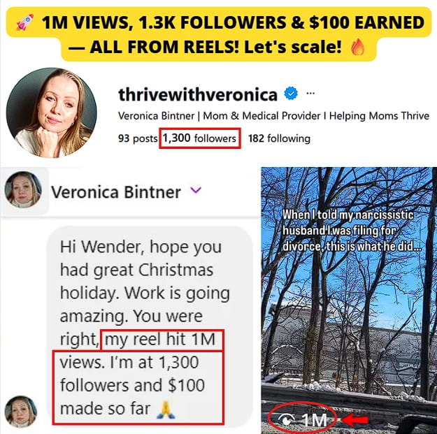 1M IG reel views, 1.3k followers & $100 earnings.