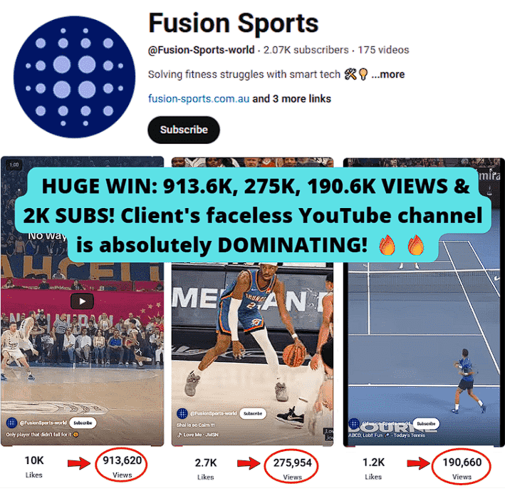 Multiple videos hit 900K+, 200K+, and 100K+ views, while also reaching his first 2,000 subscribers on faceless channel.