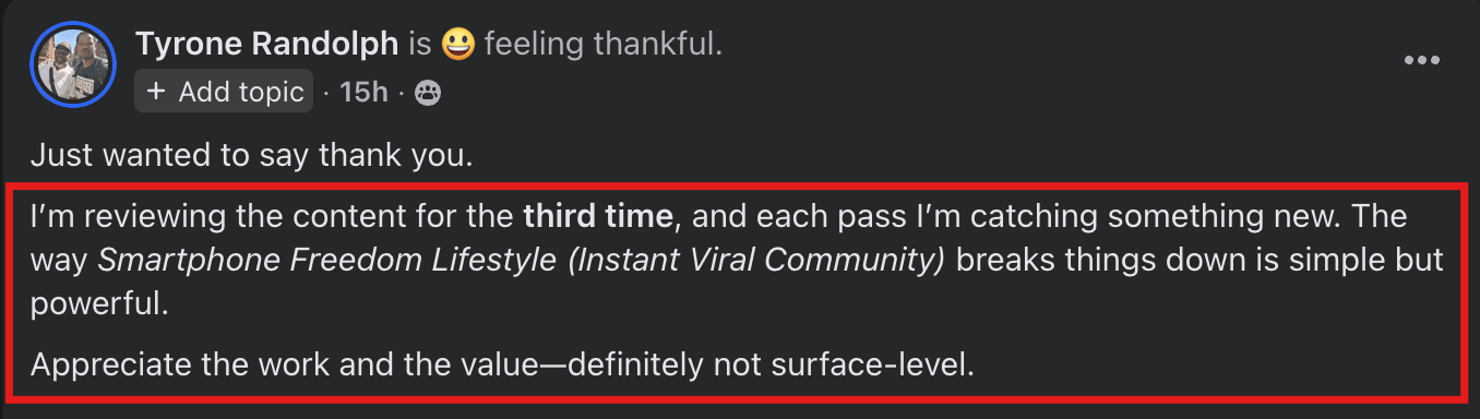 Praises the program for its simple yet powerful, deep, and valuable approach.