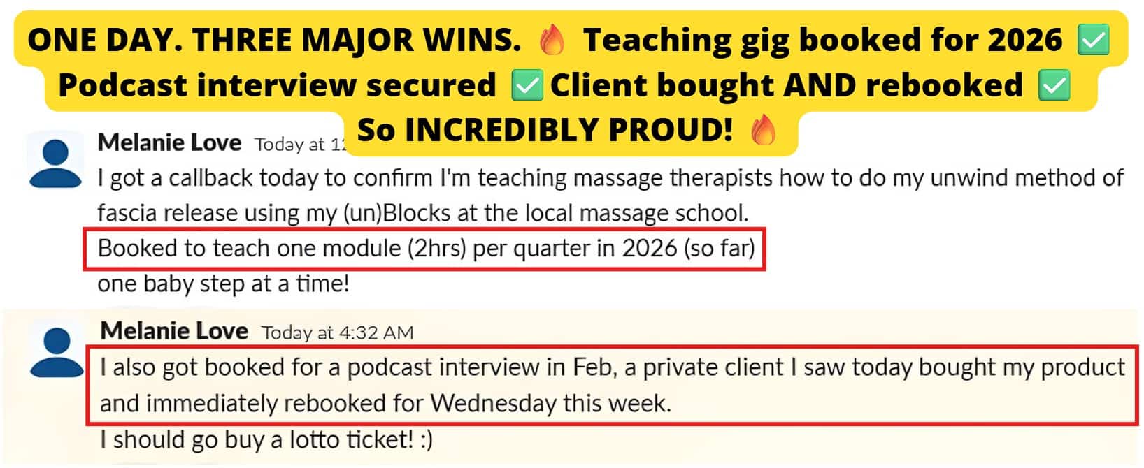 Booked a teaching position for 2026, secured a podcast interview, and landed a product sale with an immediate rebooking—all in one day.