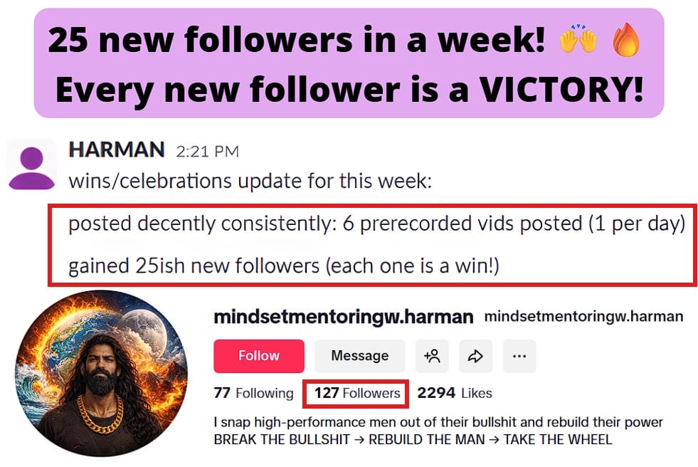Posted 6 videos in a week and gained 25 new followers, celebrating each as a win.