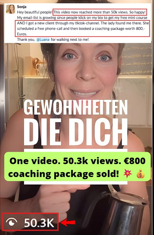 Smartphone_Freedom_Lifestyle_Review_899 IG Reel reached 50.3K views, grew her email list, and converted a TikTok viewer into an €800 coaching client.