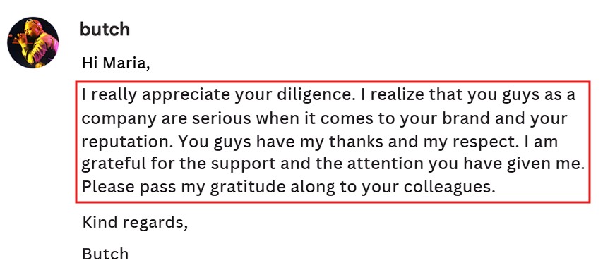 Expressed sincere gratitude for the team’s professionalism and support.