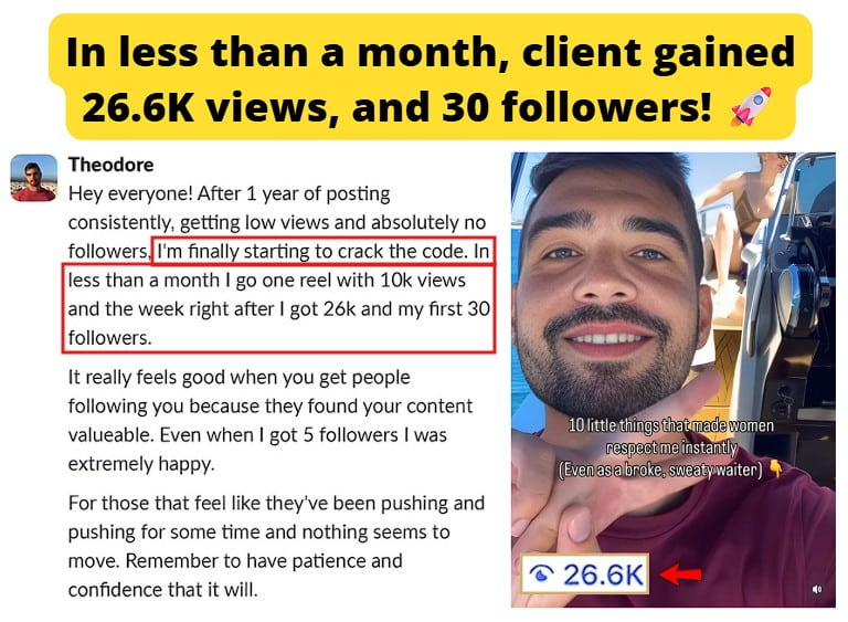 After struggling for a year, he broke through with 26.6K views on a reel and gained his first 30 followers.