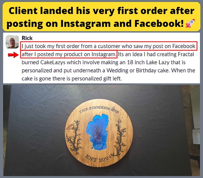 Celebrates his very first customer order generated from social media.