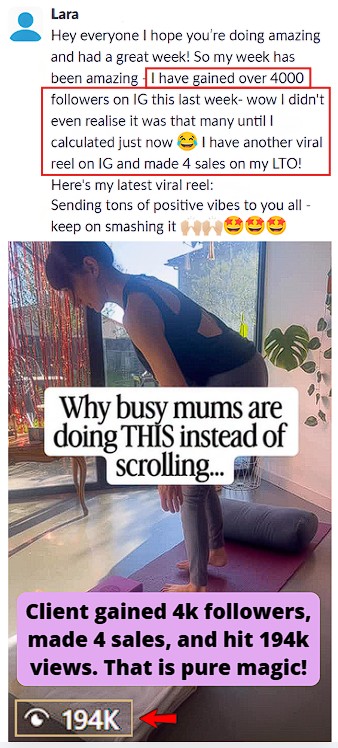 Gained 4k+ followers, 194k views, and 4 LTO sales in one week.
