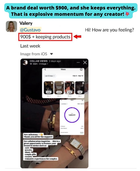 Closed a brand deal worth 900$ + keeping products.