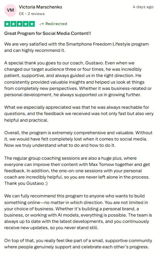 2026May - Victoria Marschenko - Trustpilot (1) Gained clarity, direction, and support through coaching and group sessions.
