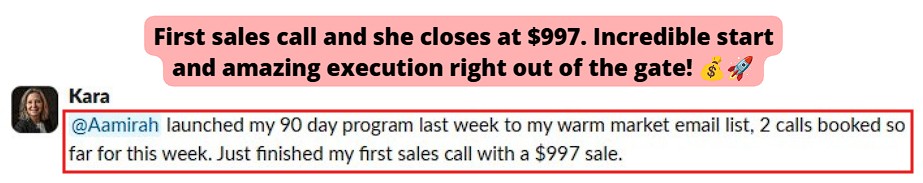Client launched a 90‑day program and closed a $997 sale, with 2 calls booked this week. 