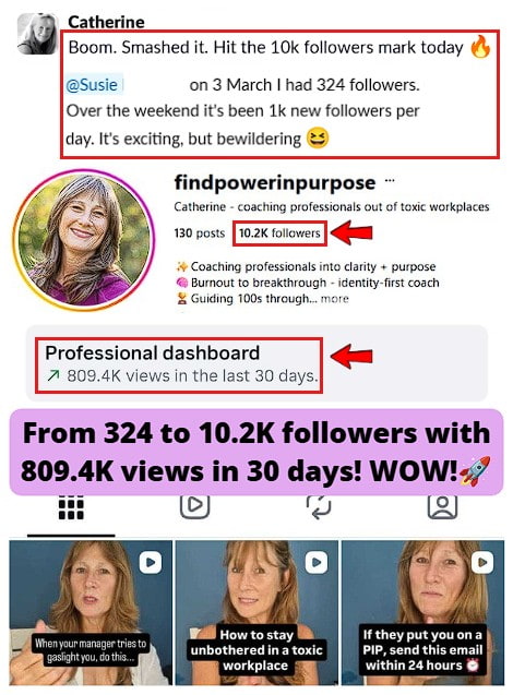 Gained 10.2K followers and has generated 809.4K views in the last 30 days on her professional dashboard.