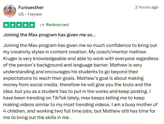 Busy working mom joined the program and gained confidence in content creation, with trending TikTok videos and hands-on coaching support.