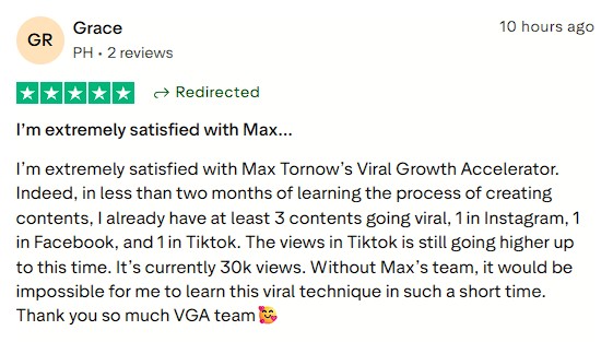 Smartphone_Freedom_Lifestyle_Review_1318 Learned the VGA process for under two months and already achieved 3 viral videos across IG, FB, and TikTok, with one TikTok currently at 30K views and still growing.