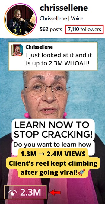 voice-coaching reel went massively viral, first hitting 1.3M views and later climbing past 2.3M