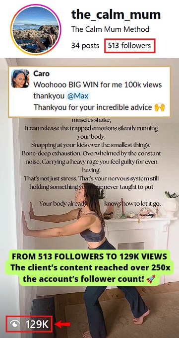 celebrated her reel with 129K views, after applying the coach’s advice to her content
