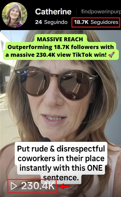 another TikTok win with a rude-coworker boundaries video reaching 230.4K views while her account had 18.7K followers