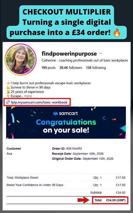 made her first SamCart order-bump sale, with a customer purchasing both products for a total of £34.00 GBP