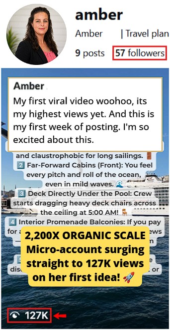 went viral in her first week of posting, with a cruise cabin advice reel reaching 127K views despite having only 57 followers